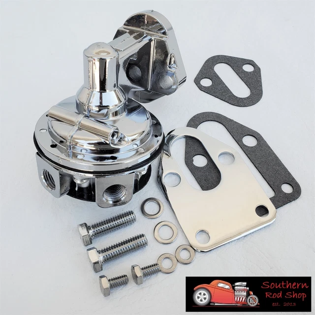 SMALL BLOCK CHEVY Chrome Fuel Pump 80 GPH Mounting Plate SBC 305 327