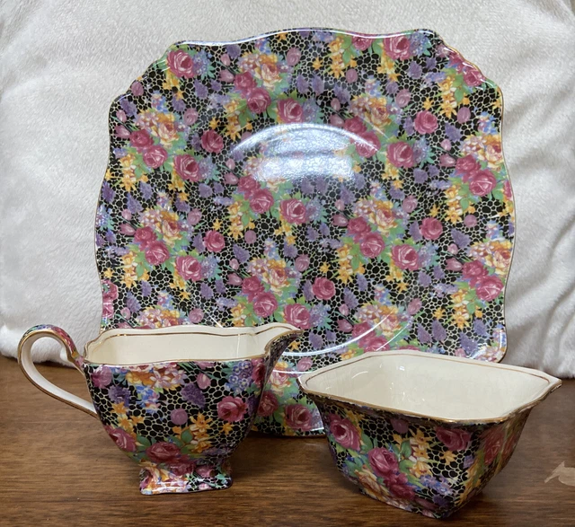 Royal Winton Grimwades HAZEL Chintz Black Square Plate 9.75” Sugar Creamer