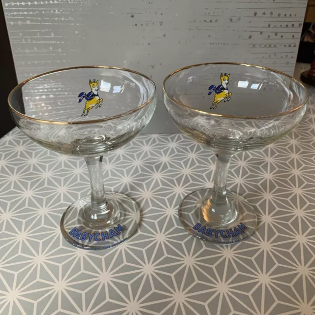 Vintage Babycham Glasses / 1960’s -70’s/  Yellow Bambi Gold Rim ,Round Stem.