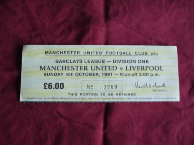 Manchester United v Liverpool TICKET STUB 6 Oct 1991 Div One