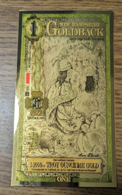 1 New Hampshire Goldback 24KT 1/1000th Oz 999 Gold Note Currency