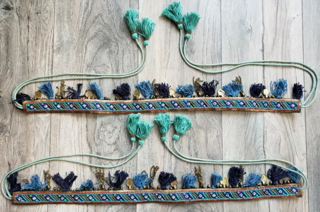 Curtain Holdbacks Rope Tie Back Blue Tassel Tiebacks Beaded Bohemian Sequin 2 pc