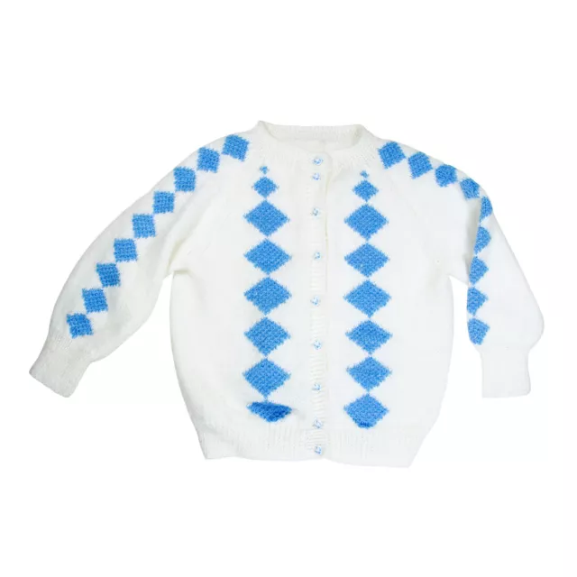 Handmade Knit Baby Toddler Heart Button Up Sweater Blue Diamonds 1980's Vintage