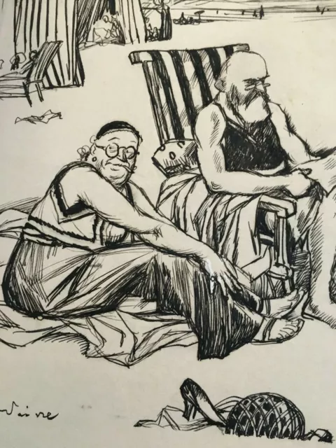 Abel FAIVRE (1867-1945) Dessin original : à la plage humour vacances mer marine