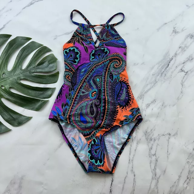 Jantzen Womens One Piece Swimsuit Sz 10 New Purple Orange Paisley Floral Strappy