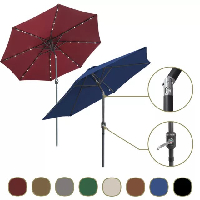 2.5/2.7/3M Round Garden Parasol LED Umbrella Tilt Crank Sun Shade Patio Fabric