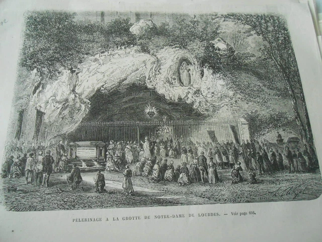 Gravure 1872 - Pèlerinage à la Grotte de Notre Dame de Lourdes religion