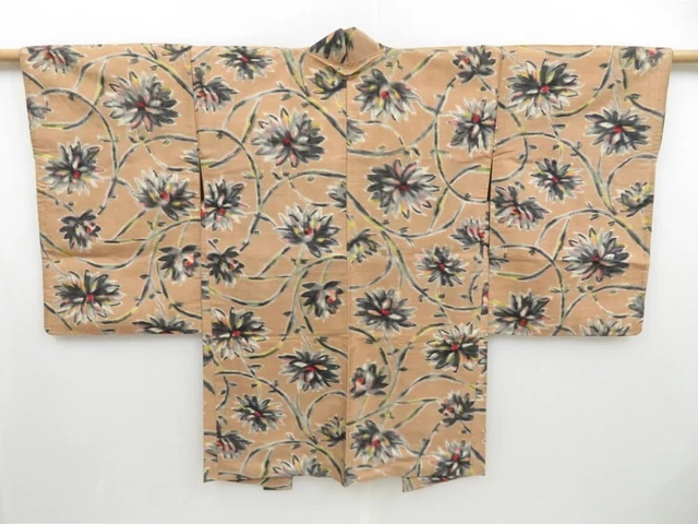 3201T06z410 Vintage Japanese Kimono Silk MEISEN HAORI Flower Light brown
