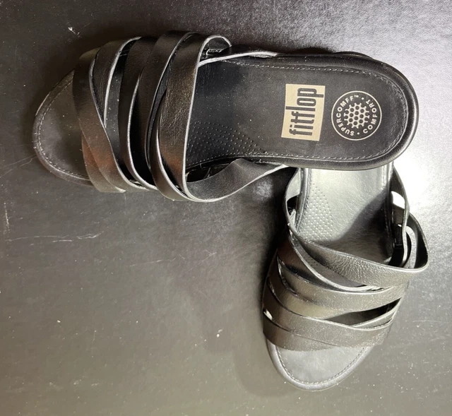 MC5~ FitFlop Womens Lumy Leather Criss-Cross Slide Black Sandal - US 6