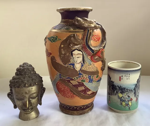 Antique Japanese Satsuma Vase With Vintage Signed Base Pot & Small Buddha Head