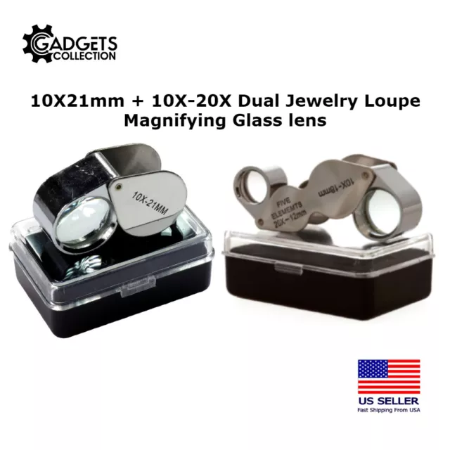2-Pack Combo Set 10X 21mm + 10X-20X DUAL Jewelry Eye Loupe Magnifying Glass Lens