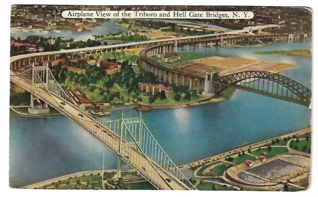 VTG Postcard - Airplane View of the Triboro and Hell Gate Bridges, NY