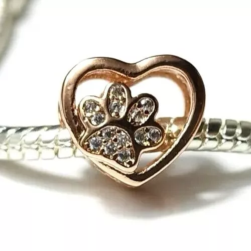 Rose Gold Heart Pet Paw Prints Charm Pendant SILVER S925 Fit Bracelet Necklace