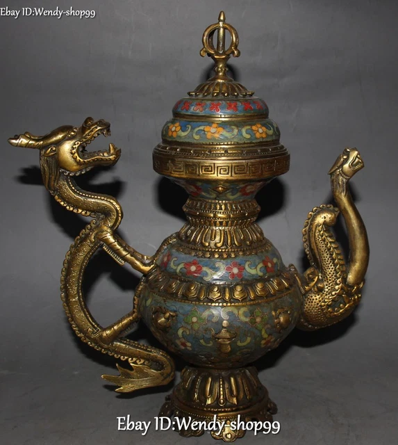 12" China Cloisonne Enamel Gilt Dynasty Dragon Handle Wine Tea Pot Flagon Kettle