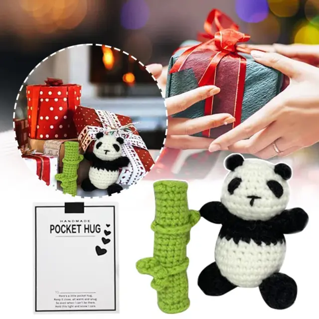 Handmade Crochet Panda Knitted Hugs Greeting Card E5P4
