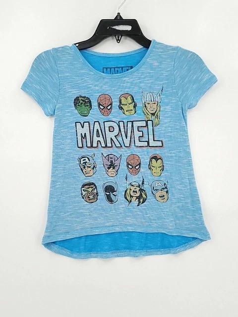 Marvel Girls T-Shirt Short Sleeve Size Medium Blue Super Heros Spiderman