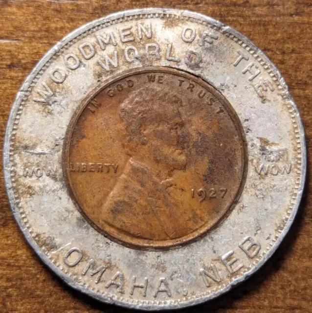 1927 Omaha, Nebraska NE Woodmen of The World Good Luck Encased Cent Token