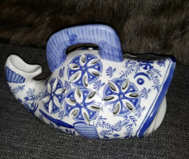 Carp Koi Fish Asian Wide Mouth Candle Holder Decor Floral Blue & White