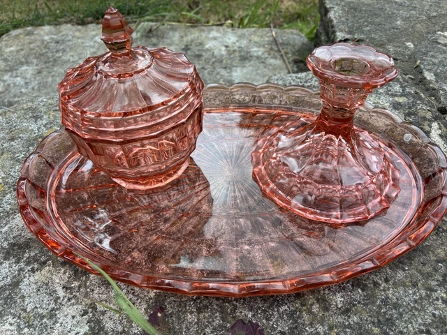 vintage pink glass dressing table set Pink Glass Dressing Table Set
