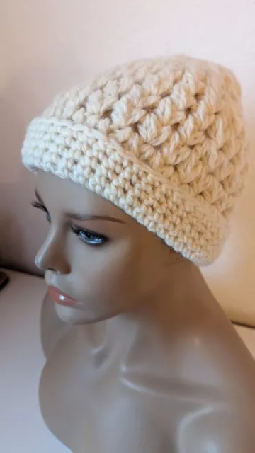 Handmade gehäkelt Mütze Wolle Natürlich Natur Weiß  Frauen 54 cm