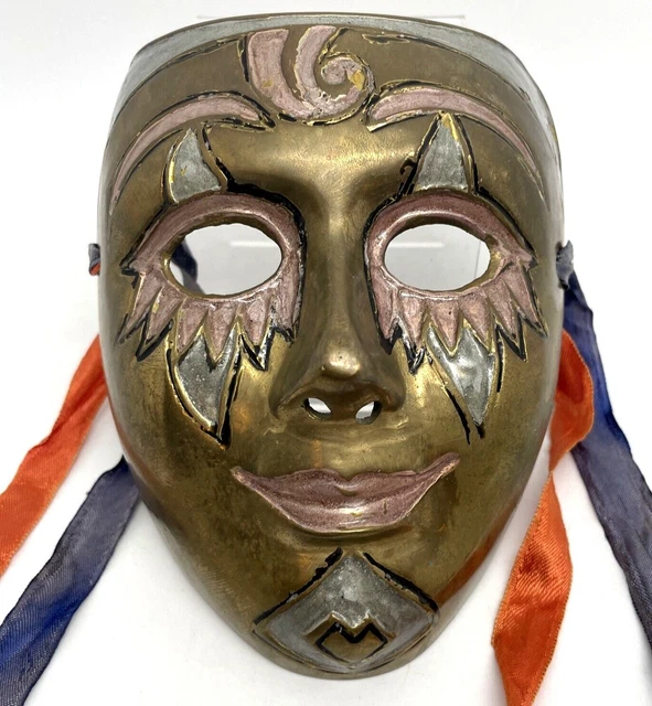 VTG Solid Brass Face Mask Harlequin Hand Painted Enamel Pink Blue Wall Decor Art