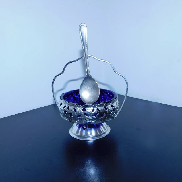 Ancienne paire de Salerons de forme ronde en métal argenté et cristal de couleur bleu Cobalt -(XIXé) - Art de la table (12307776