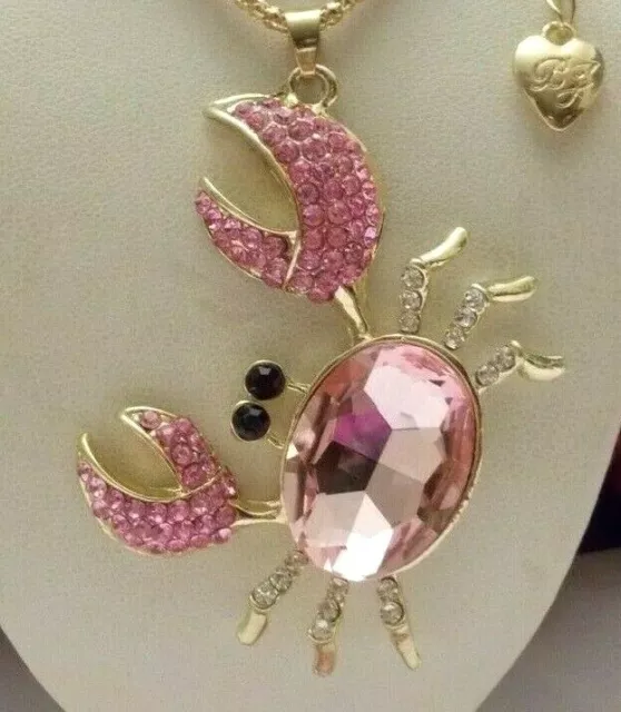 Betsey Johnson Sparkling Cute Pink Rhinestone Crab Pendant Necklace