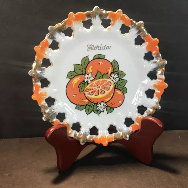 Vintage Florida Souvenir Plate w/ Oranges Reticulated Gold Trim 7" w/ Hanger