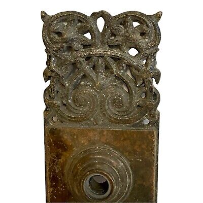 Antique Cast Brass Gothic Victorian Door Knob Back Plate Entry Door 10.75” X 3” 3