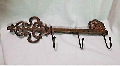 18.5 In Cast Wrought Iron Antiqued Key 3 Hooks Metal Wall Hanging Rustic Decor