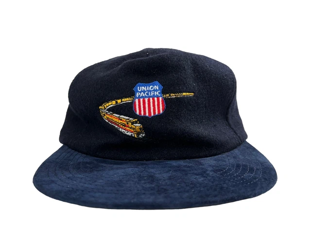 Vtg Union Pacific Embroidered Wool & Suede Leather Strapback Hat USA Made