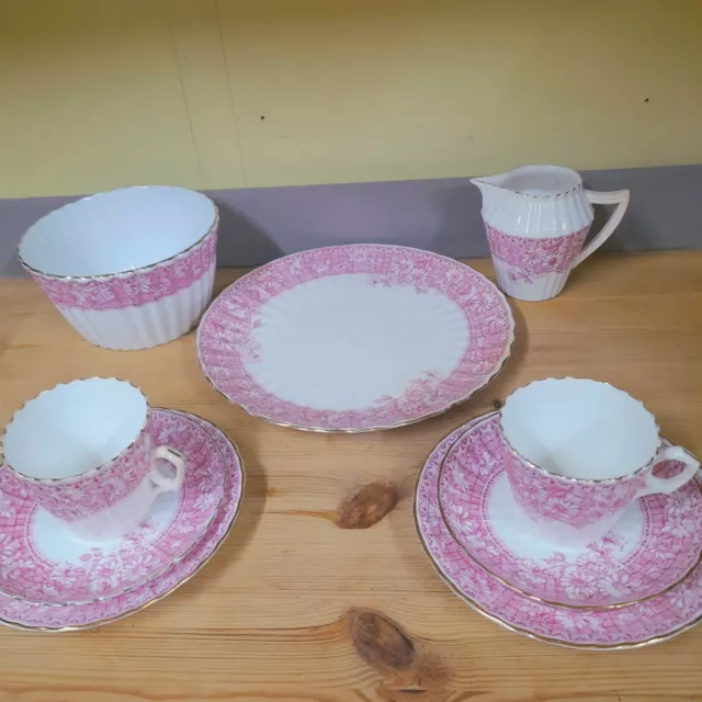 Pretty Antique Victorian Pink & White 9 Piece Tea Set For 2