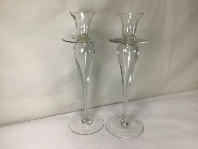 KK7 Vintage Pair Exquisite Clear Hand Blown Glass Candle Holder For Decoration