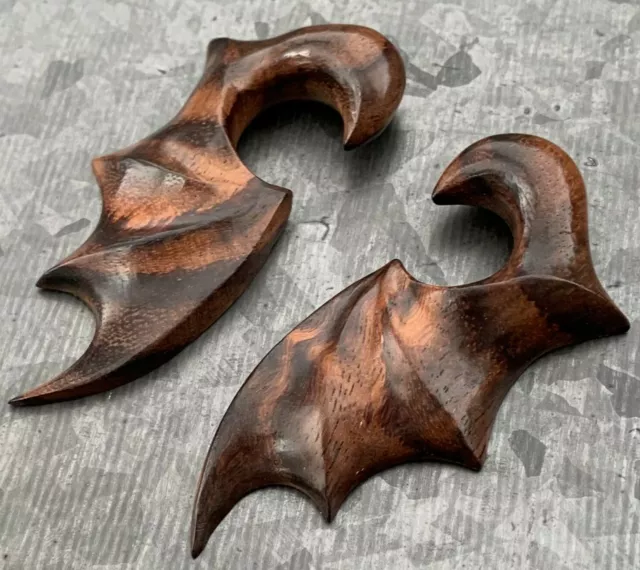PAIR Sono Wood Bat Wing Tapers Plugs Tunnel Expanders Hand Carved Organic Gauges