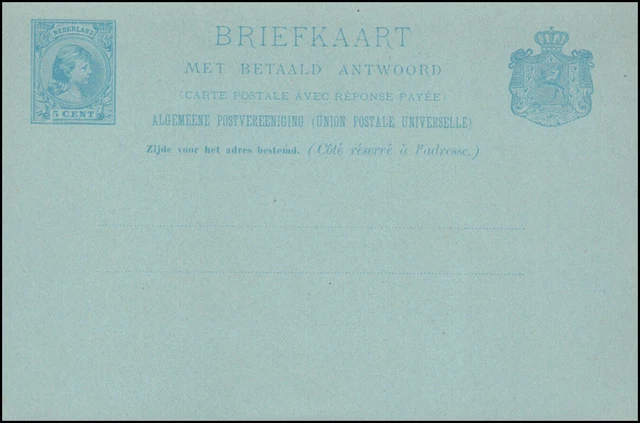Postkarte P 21a Wilhelmina Doppelkarte 5 C. blau 1891, ungebraucht ** / MNH