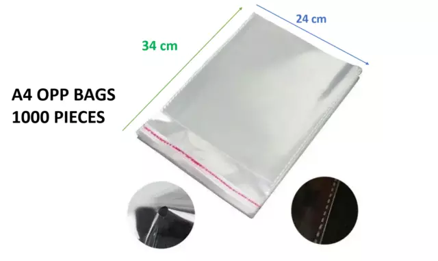 1000 Pcs Self Adhesive Seal Clear OPP Plastic Bag Tshirt Clothes A4 Size 24X34cm