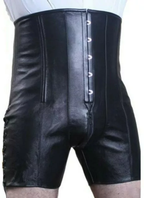 Leather high waist short for men with steel boned And Laced up back