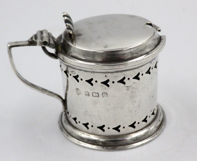 Antique Solid Sterling Silver Lidded Mustard Pot with Blue Glass Liner (1191/KKT