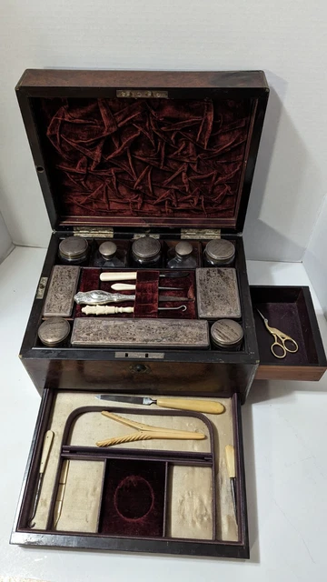 Antique English Wood Traveling Vanity Box Case Sterling W/ 2 Secret Compartments