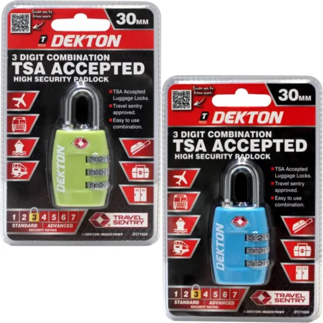 Dekton 3 Digit SR3 TSA Accepted Combination Security Padlock Safe Luggage Lock