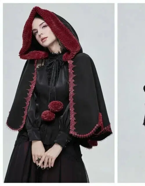 NWT Devil Fashion Womens Gothic Punk Lolita Hooded Cape Cloak Black Red Faux Fur
