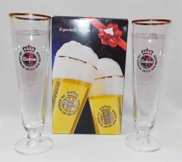 2 Warsteiner Tulip Pilsner Beer Glasses 0.3L Gold Rim In Original Box