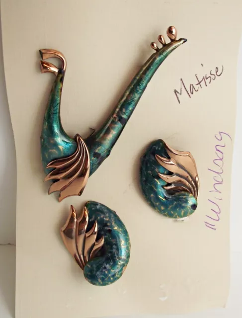 LOVELY Vtg Matisse Green Enameled Copper Windsong Brooch & Earrings Set Bird