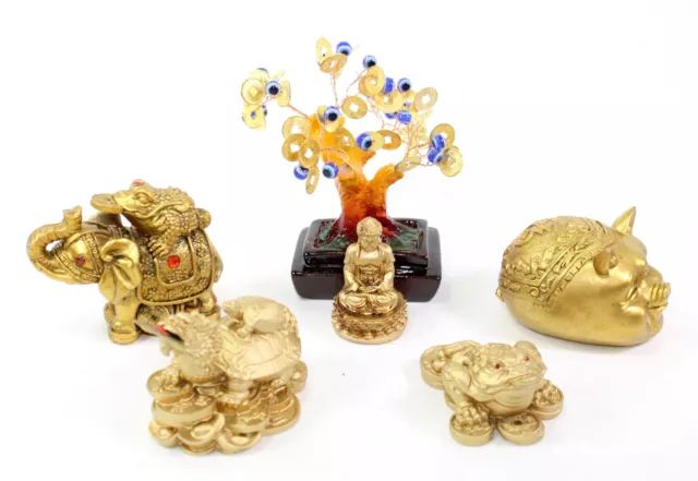 Set of 6~Fengshui Buddha Money Frog Tree Elephant Piggy Dragon Turtle Home Decor