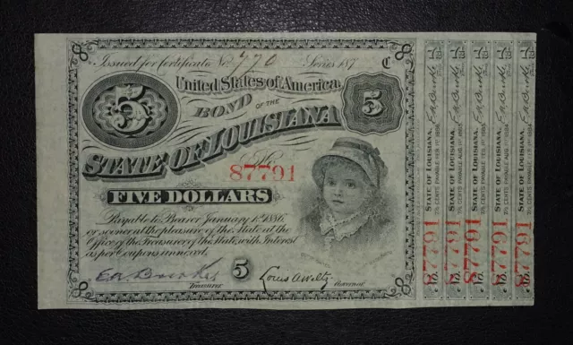 1870er $ 5 Fünf Dollar Bundesstaat Louisiana Babyanleihe USA