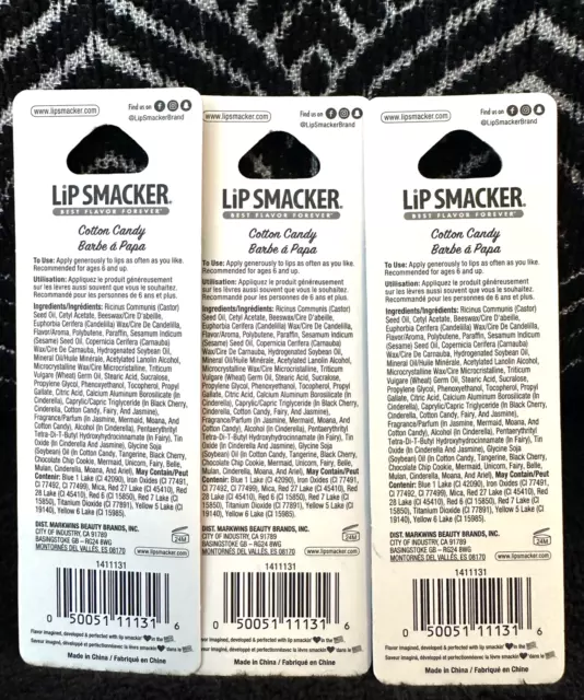 3 LIP SMACKER COTTON CANDY MOISTURIZING FLAVORED LIP BALM CHAPSTICK LOT .14oz 2