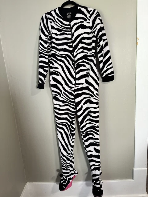 Nick & Nora Zebra Pajamas Small Footie Footed One Piece Women Zip Black White