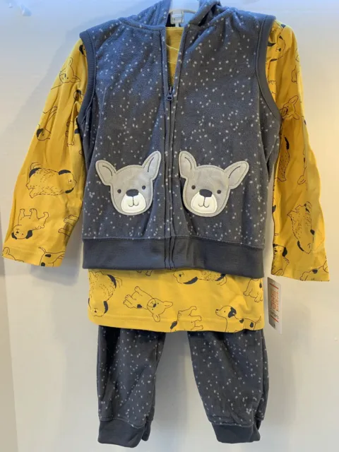 NEW Carters Baby Boys Fleece Puppy Dog 3 Piece Outfit Shirt Pants Vest Set 3T!