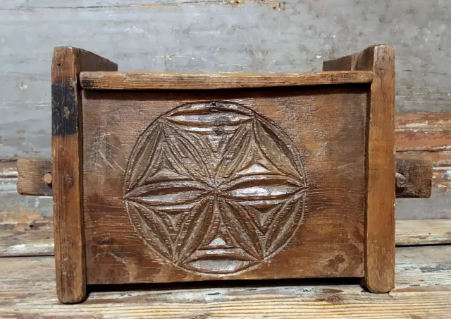 Primitive rosette wood carving chest box Antique french architectural salvage