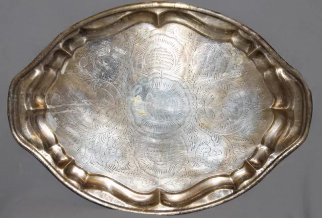 Vintage European Silverplated Floral Engraved Tin Serving Tray